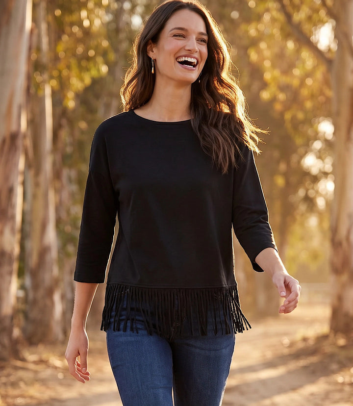 3/4 Sleeve Fringe Boatneck Top