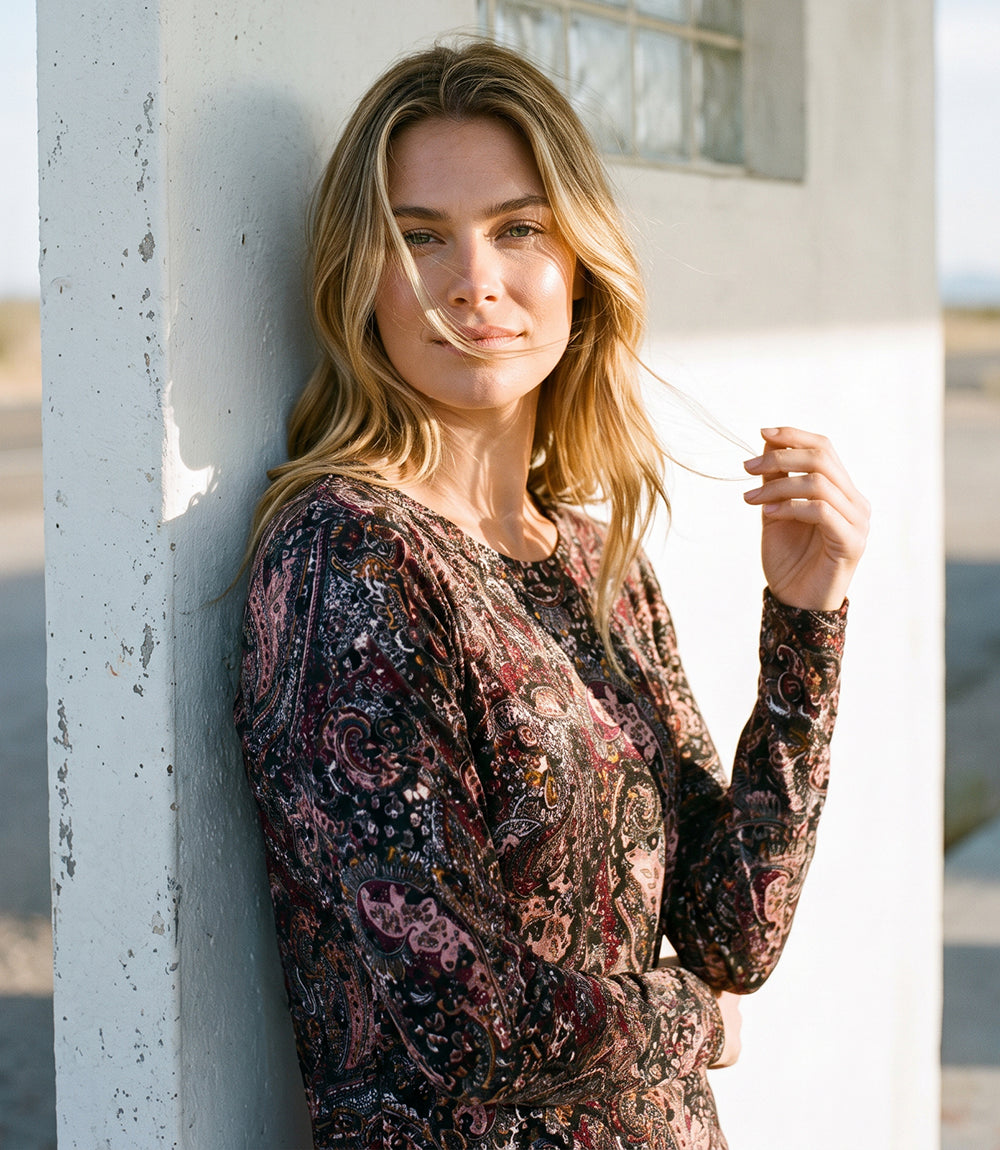 Long Sleeve Velvet Burnout Shirttail Top