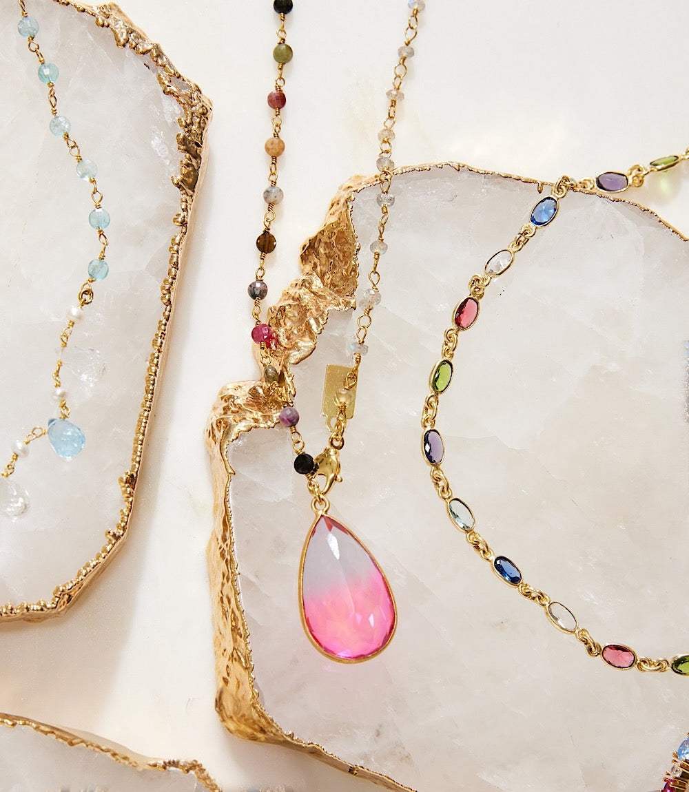 Teardrop Gemstone Necklace with pink teardrop pendant and multi-colored gemstone chain in 14k gold vermeil