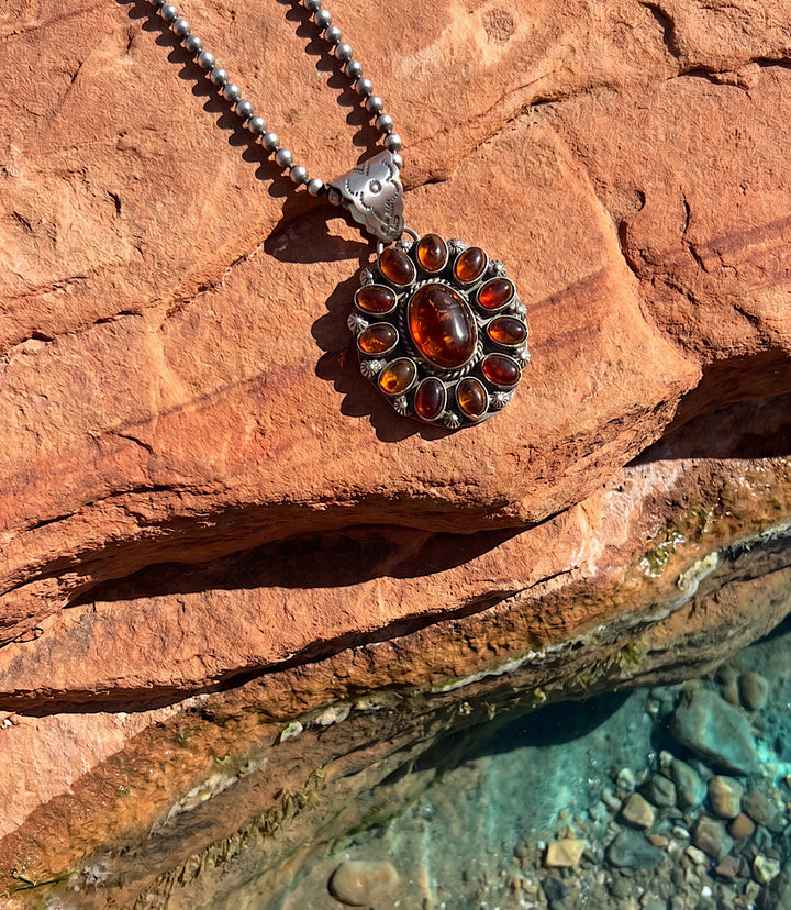 Vintage Embellished Amber Pendant Necklace