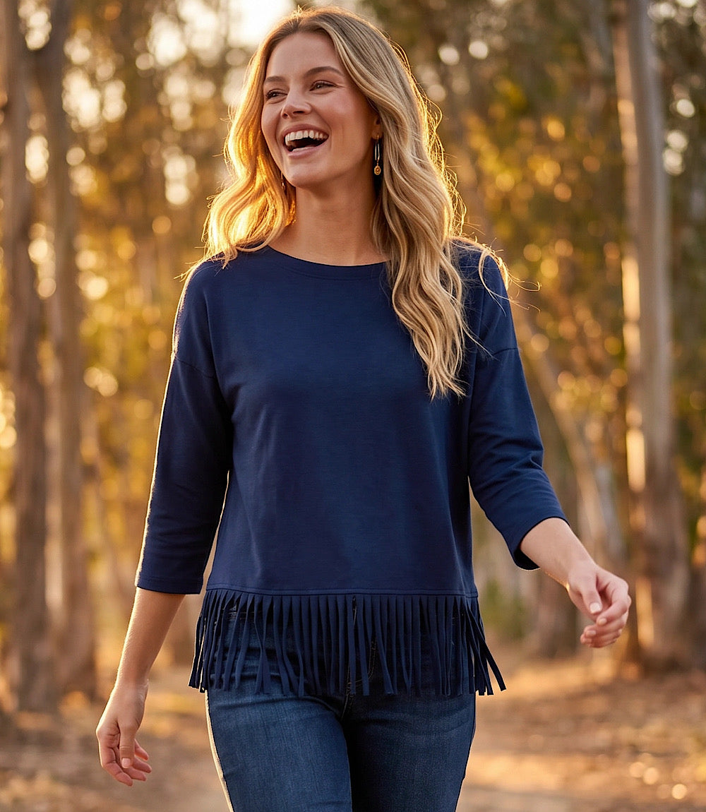 3/4 Sleeve Fringe Boatneck Top