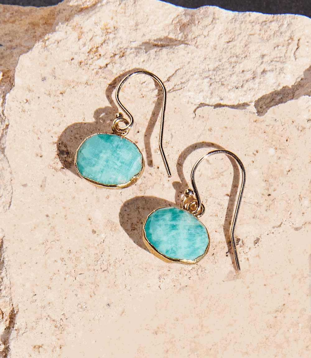 Amazonite stone earrings with gold filled hooks on natural stone background