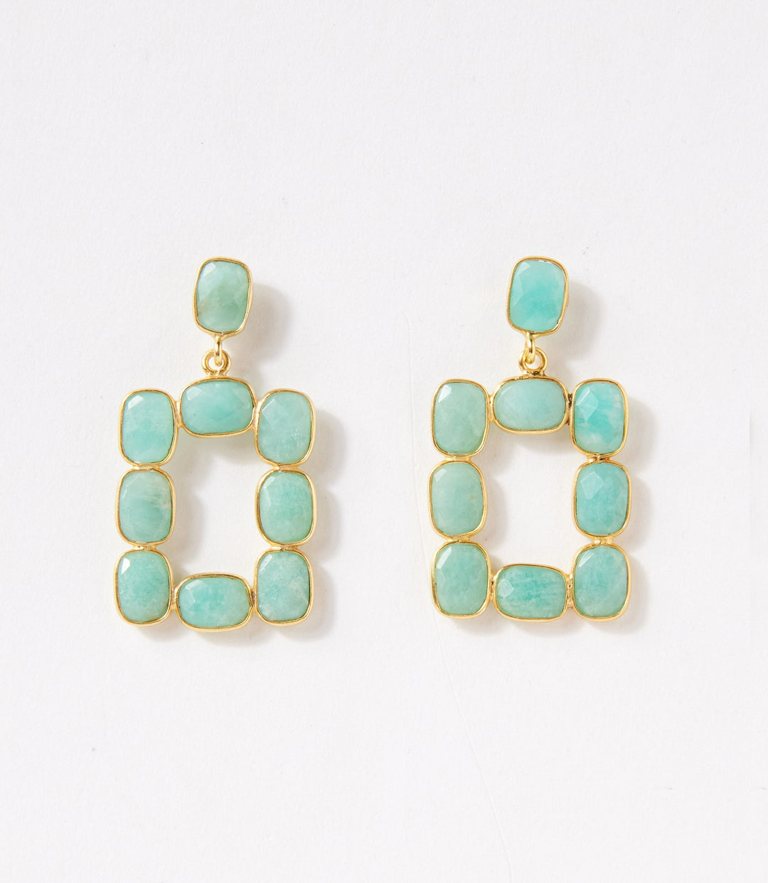 Rectangular gemstone bezel earrings with Amazonite stones set in 18K gold plated sterling silver frames
