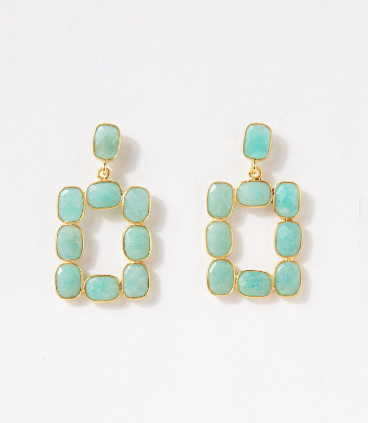 Rectangular gemstone bezel earrings with Amazonite stones set in 18K gold plated sterling silver frames