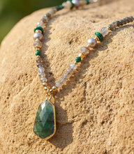 Emerald pendant necklace with gold-filled frame, malachite, labradorite, and freshwater pearls, adjustable chain