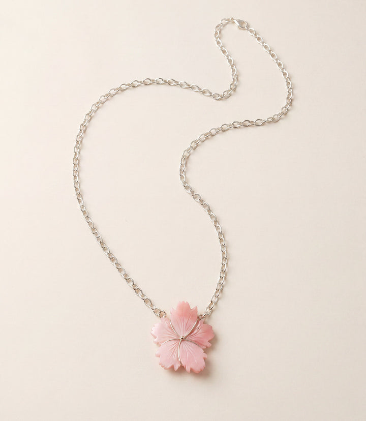 Carved Pink Conch Flower Pendant Necklace