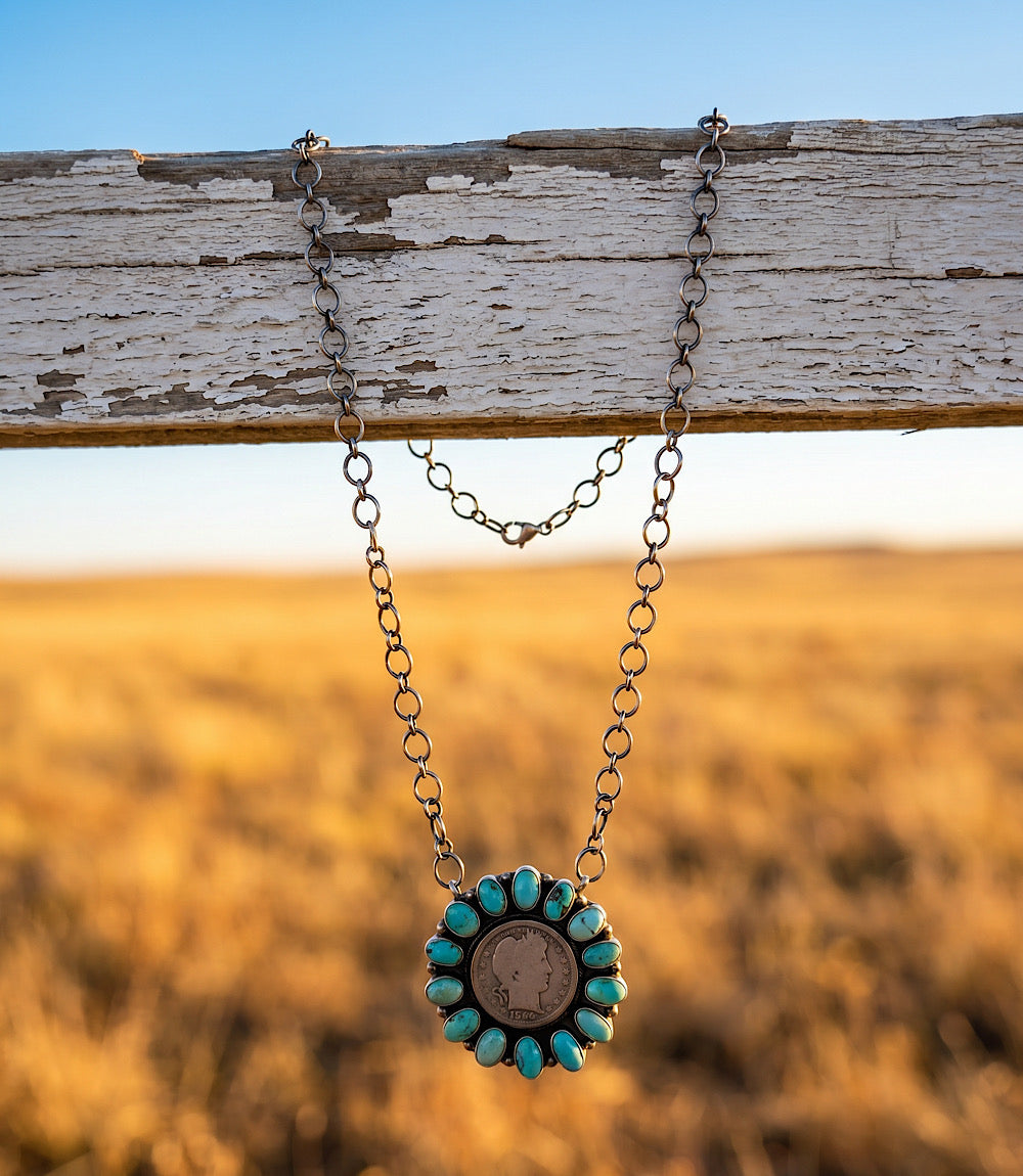 Turquoise Half Dollar Coin Pendant Necklace