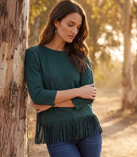 3/4 Sleeve Fringe Boatneck Top