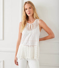 Lace Trim Sleeveless Top with lace cut-out and front keyhole closure in cotton fabric