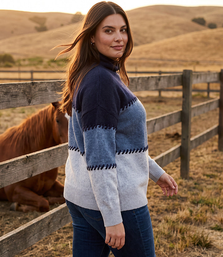 Plus Size Contrast Stitch Mock Neck Colorblock Sweater