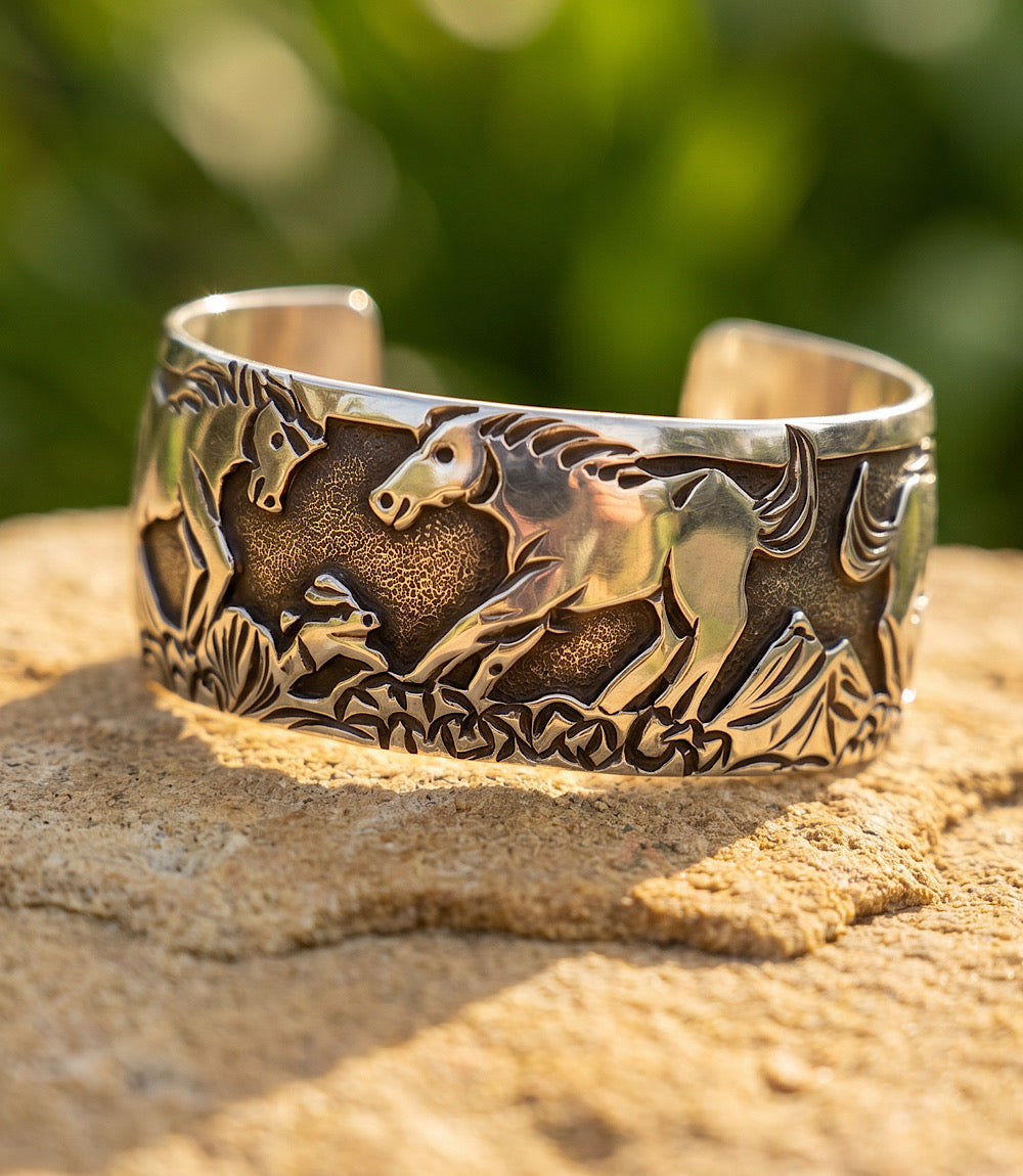 Horse Engraved Sterling Silver Cuff Bracelet