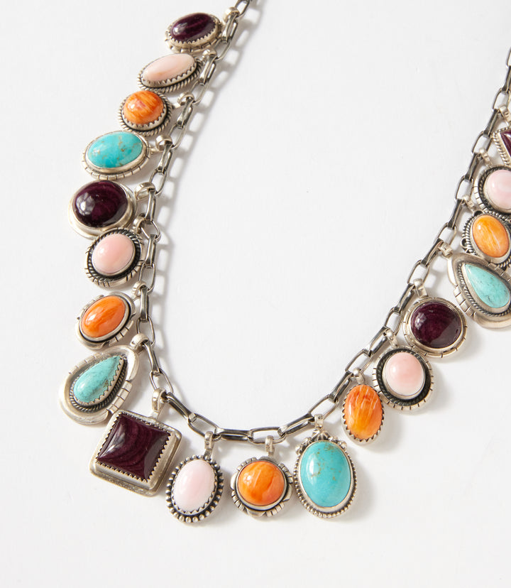 Dangling Turquoise, Spiny Oyster, and Pink Conch Necklace