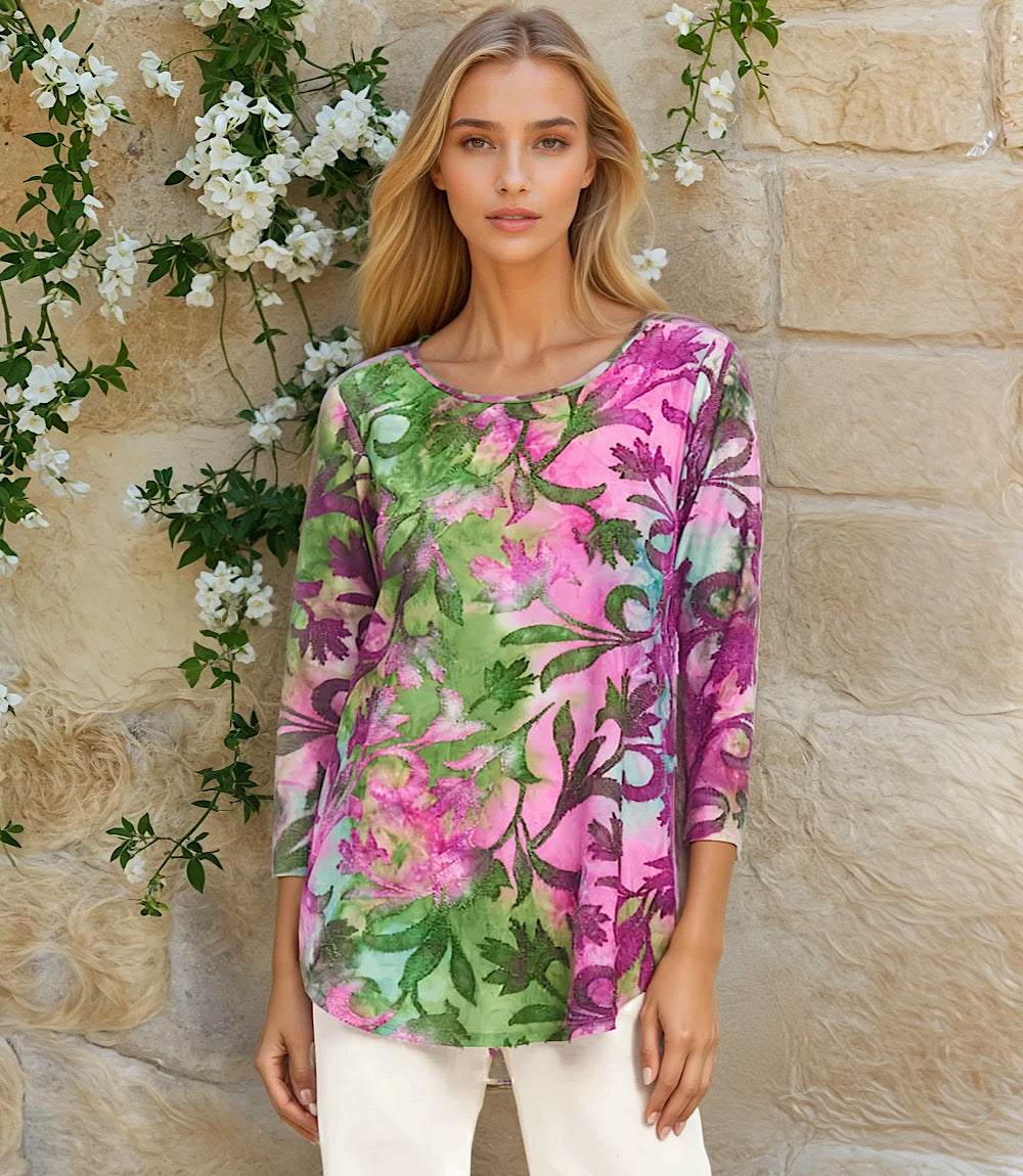 3/4 sleeve burnout shirttail top with pink floral tie-dye and scoop neckline, relaxed fit pullover.