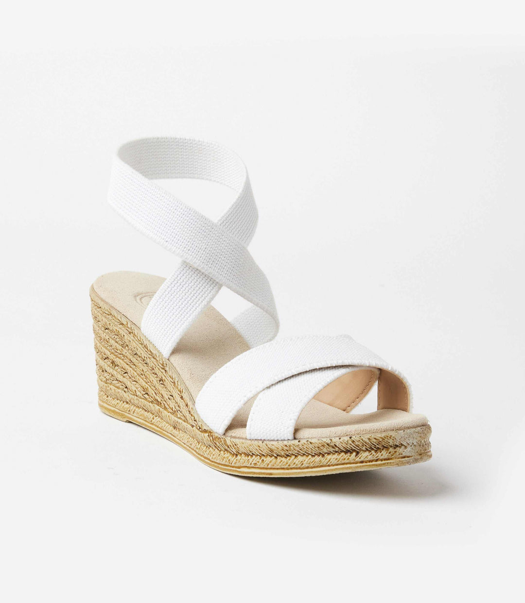 White Fishburne Criss Cross Espadrille wedge sandal with linen straps and faux espadrille sole