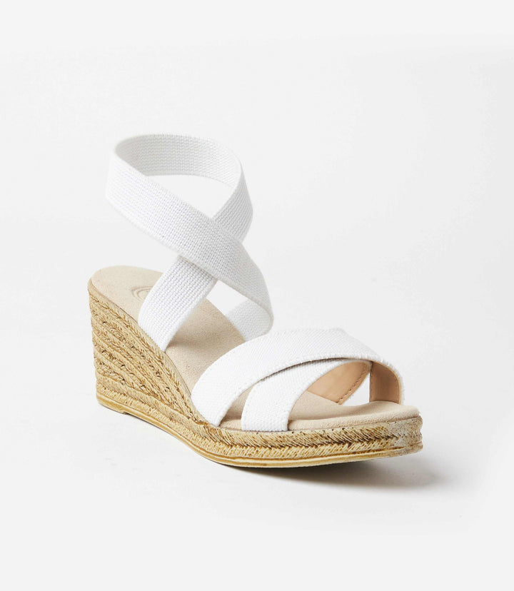 White Fishburne Criss Cross Espadrille wedge sandal with linen straps and faux espadrille sole