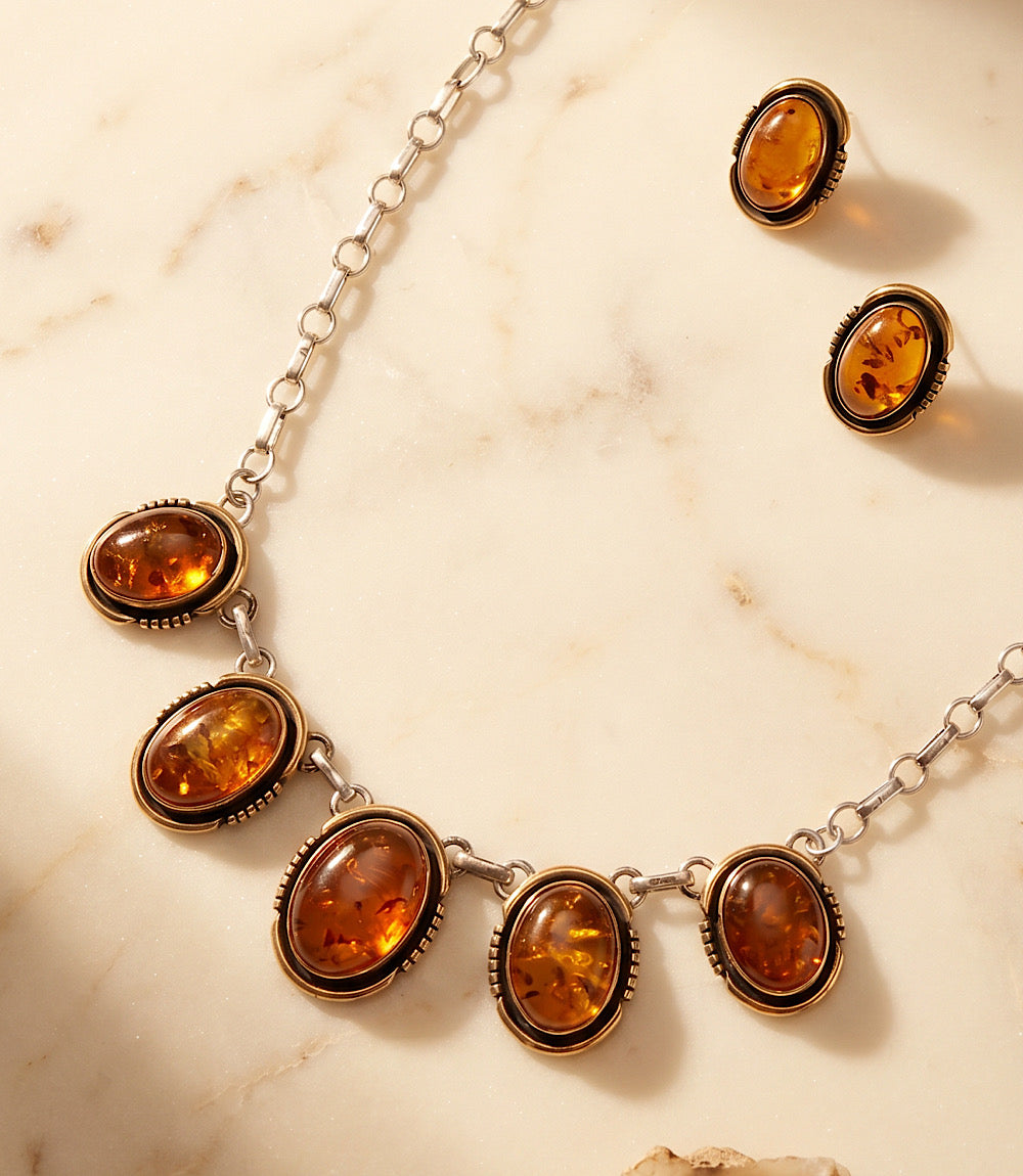 Vintage Amber Station Necklace And Earring Set