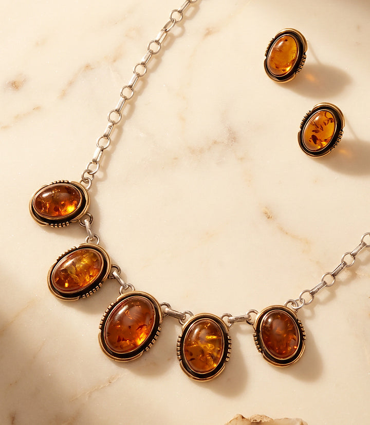 Vintage Amber Station Necklace And Earring Set