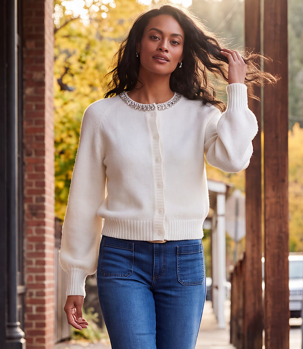 Petite Size Embellished Crewneck Cardigan Sweater
