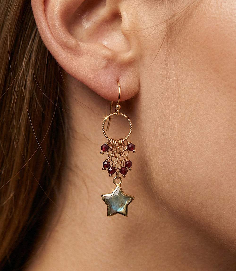 Gold filled star dangle earrings with iridescent labradorite stones showcasing blue and green hues