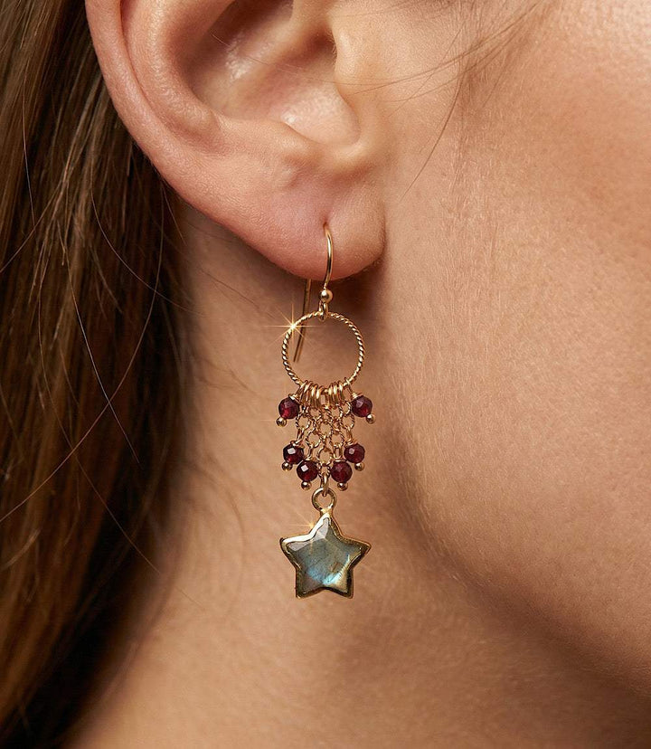 Gold filled star dangle earrings with iridescent labradorite stones showcasing blue and green hues