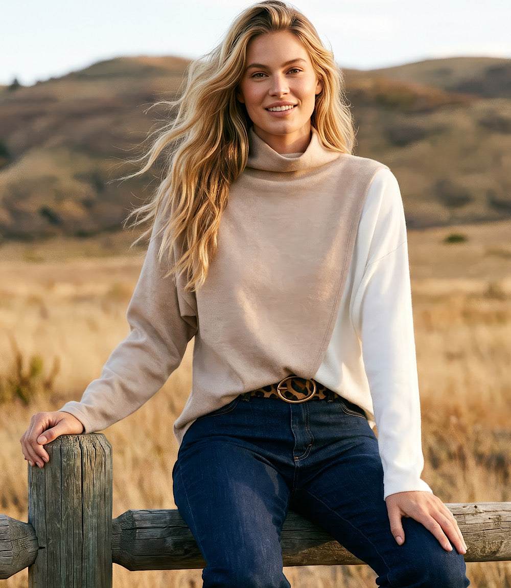 Petite Size Long Sleeve Crossover Colorblock Top
