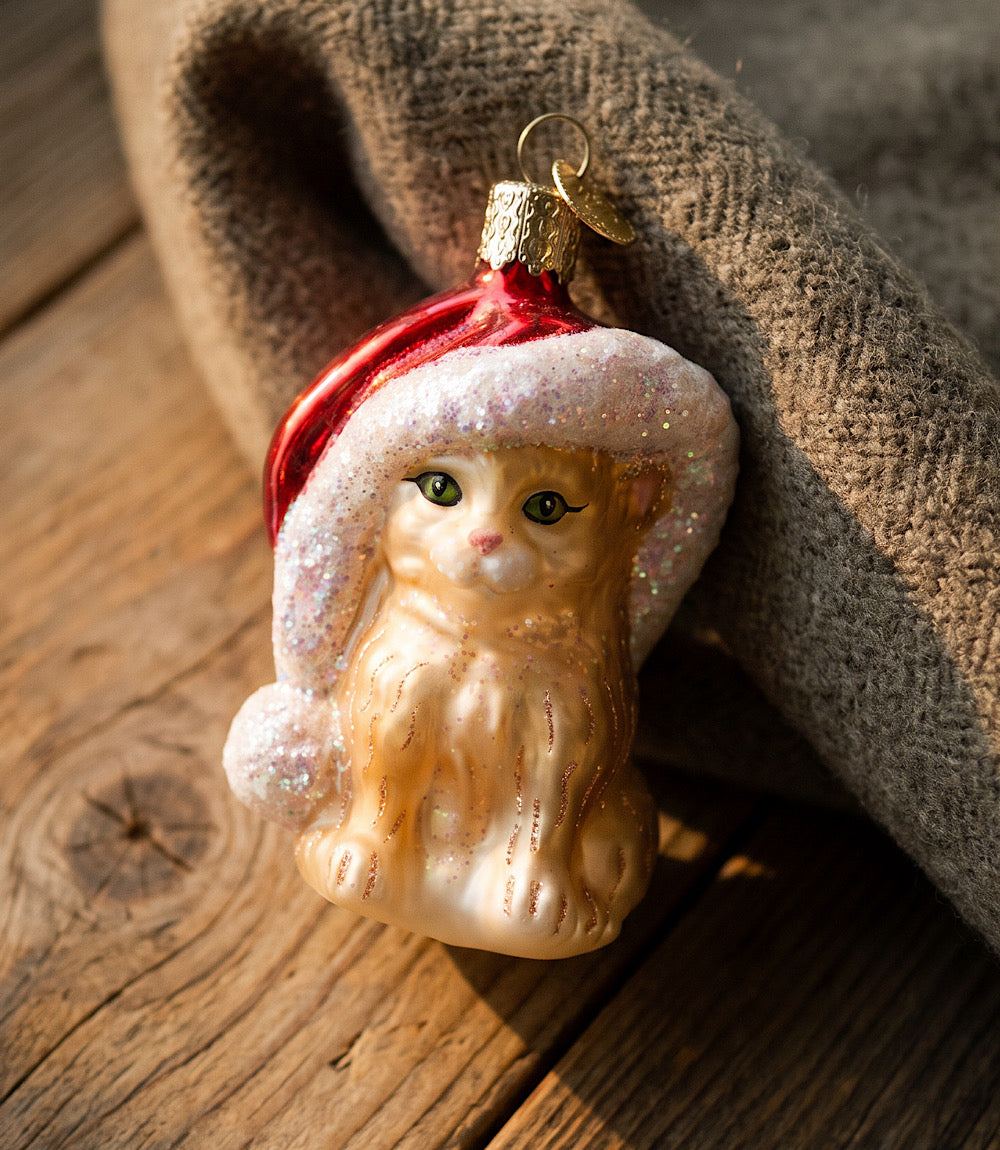 Santa's Kitten Glass Ornament