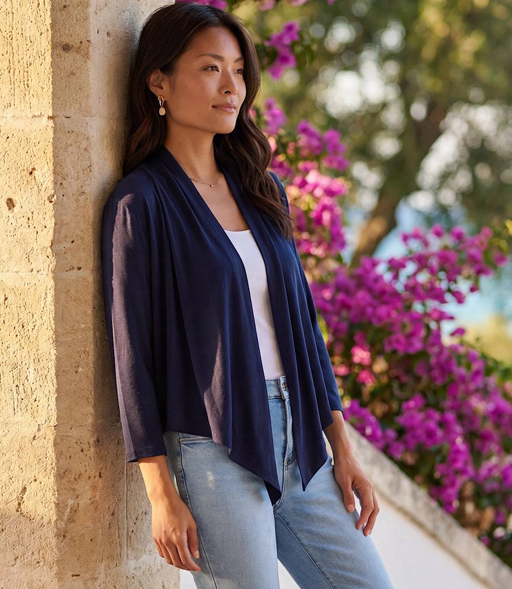 Calli Cardigan draped front 3/4 sleeve hi-low hemline in dark color on white background