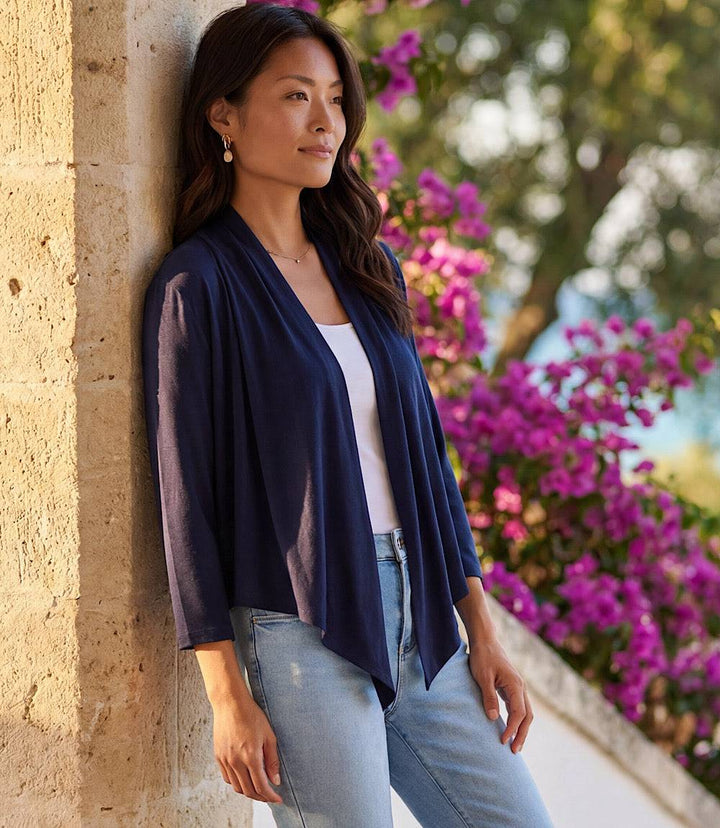 Calli Cardigan draped front 3/4 sleeve hi-low hemline in dark color on white background
