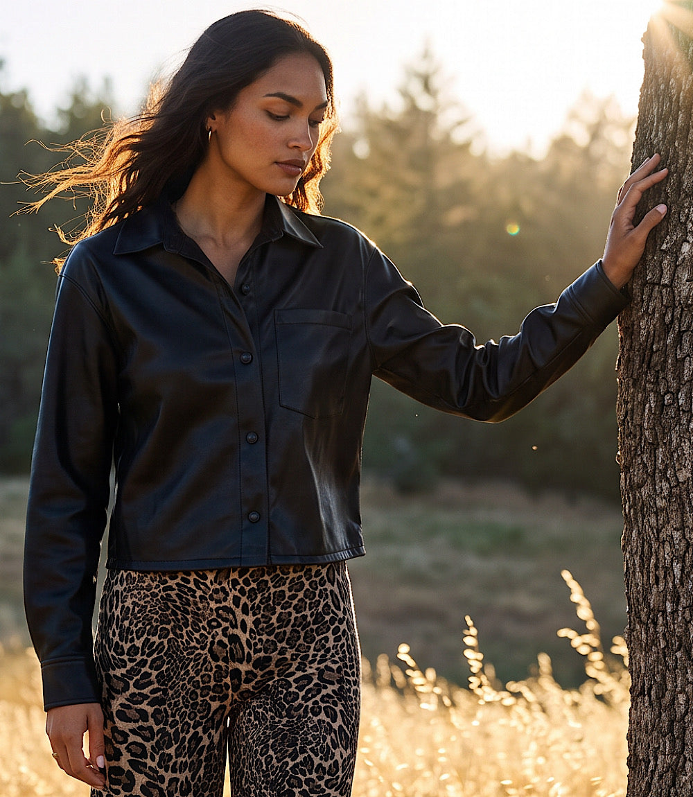Faux Leather Long Sleeve Button-Up Shirt