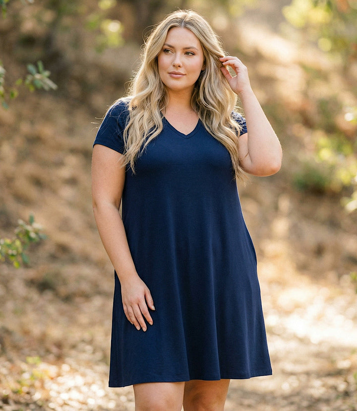 Plus Size Quinn V-Neck pocket dress in soft jersey knit with short sleeves and relaxed fit