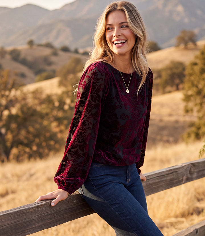 Blouson Sleeve Velvet Burnout Boatneck Top