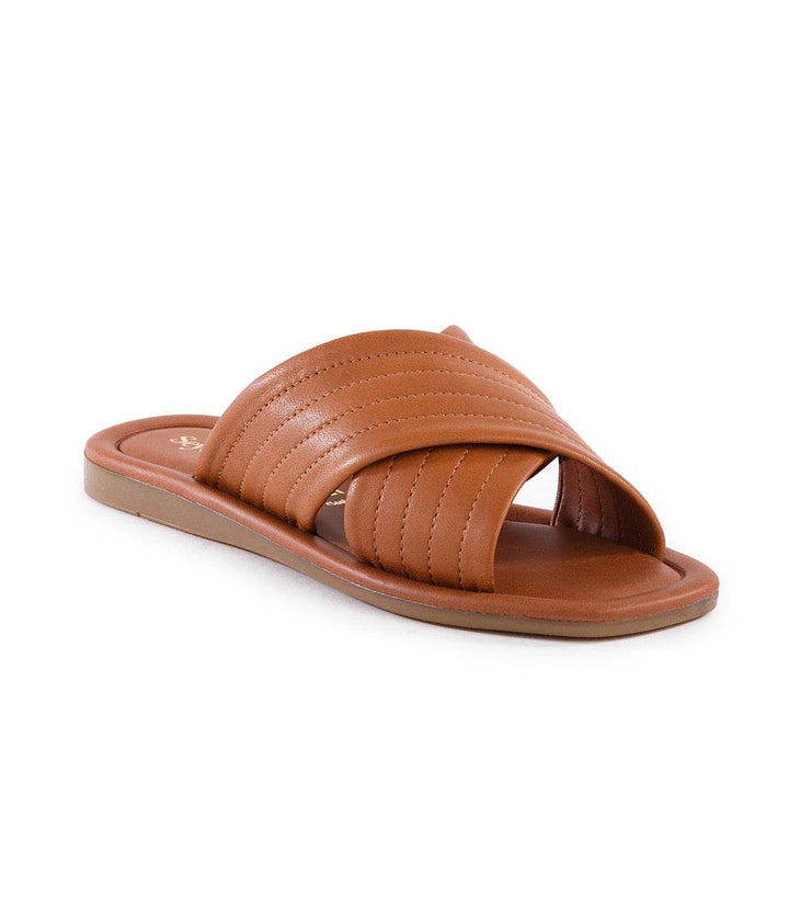 Courage Slip On Sandals in brown leather with square toe and low platform height, designed for comfort and durability.