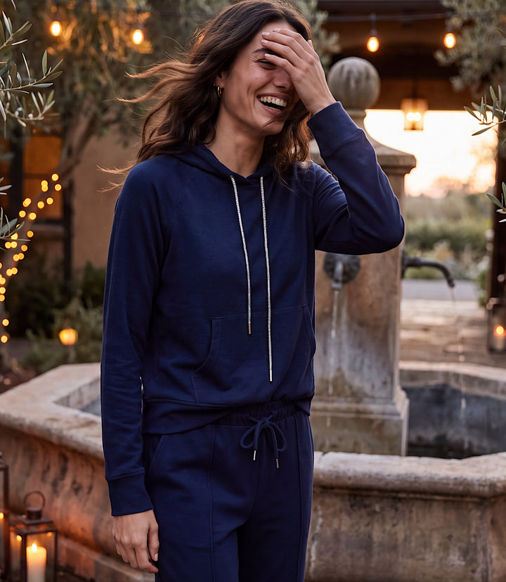 Petite Size Rhinestone Drawstring Hoodie Sweatshirt