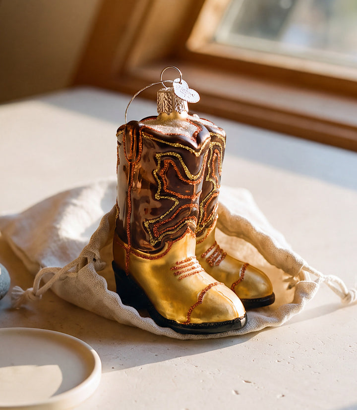 Brown Pair Of Cowboy Boots Glass Ornament