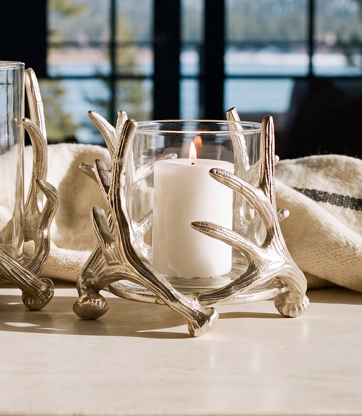 Small Silver Antler Hurricane Candleholder