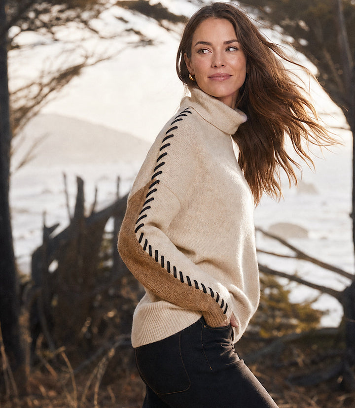 Petite Size Contrast Stitch Mock Neck Colorblock Sweater