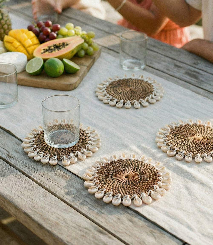 Set of 4 handwoven rattan seashell coasters with cowrie shells, 5.9-inch diameter, coastal home decor