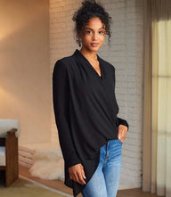 Contrast double layer wrap top with crossover v-neck and elastic waist in long sleeve design