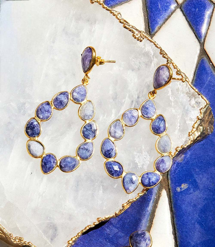 Multi gemstone drop earrings with oval blue stones set in 18k gold plated sterling silver