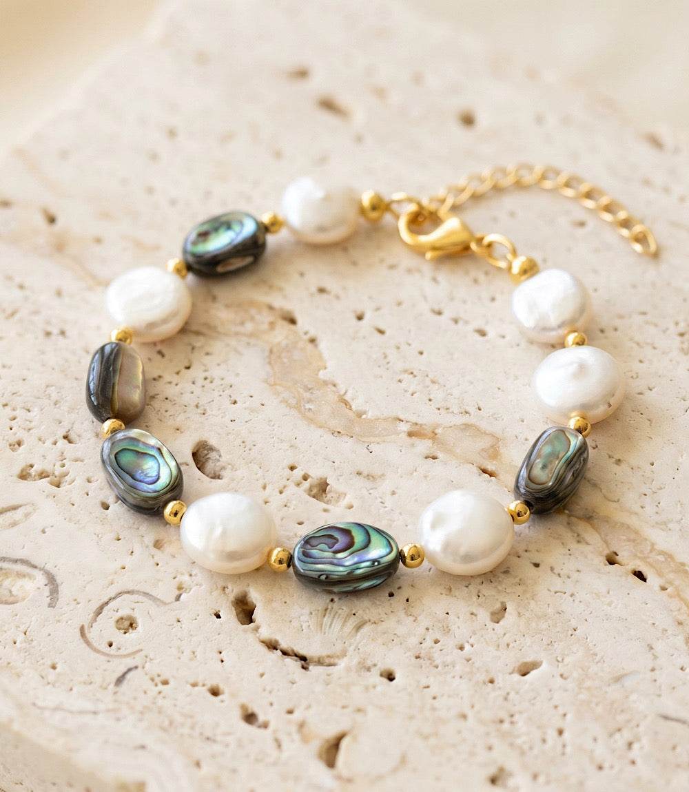 Abalone and pearl bracelet with iridescent abalone and luminous freshwater pearls on gold plated brass