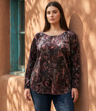 Plus Size Long Sleeve Velvet Burnout Shirttail Top
