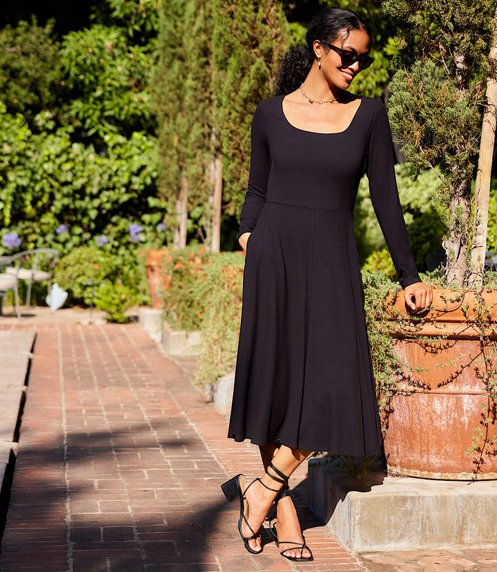 Long Sleeve Ribbed Scoop Neck A-Line Dress
