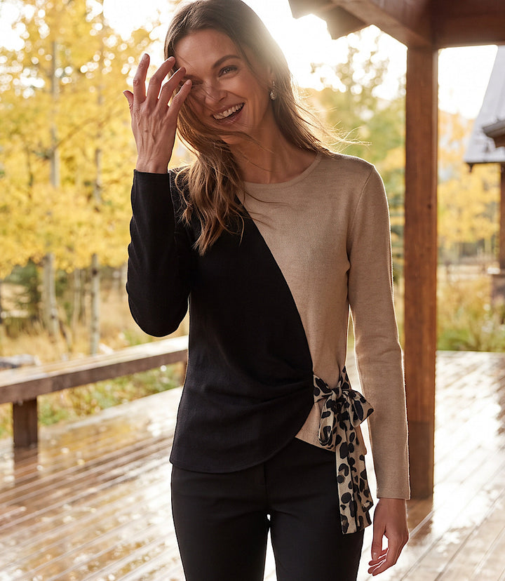 Long Sleeve Colorblock Satin Bow Top