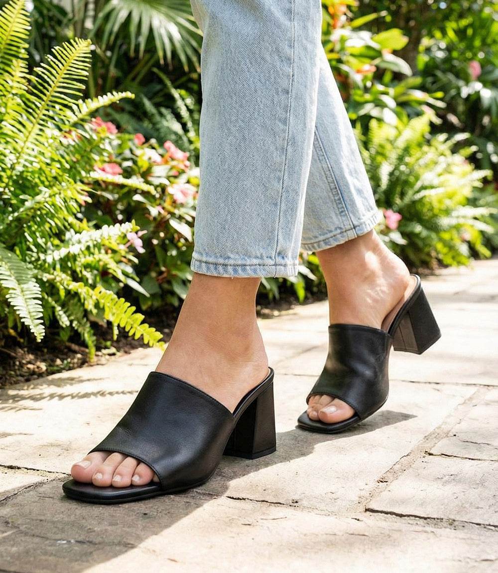 Adapt Leather Heel Sandals with squared toe, flared block heel, and padded insole for comfort