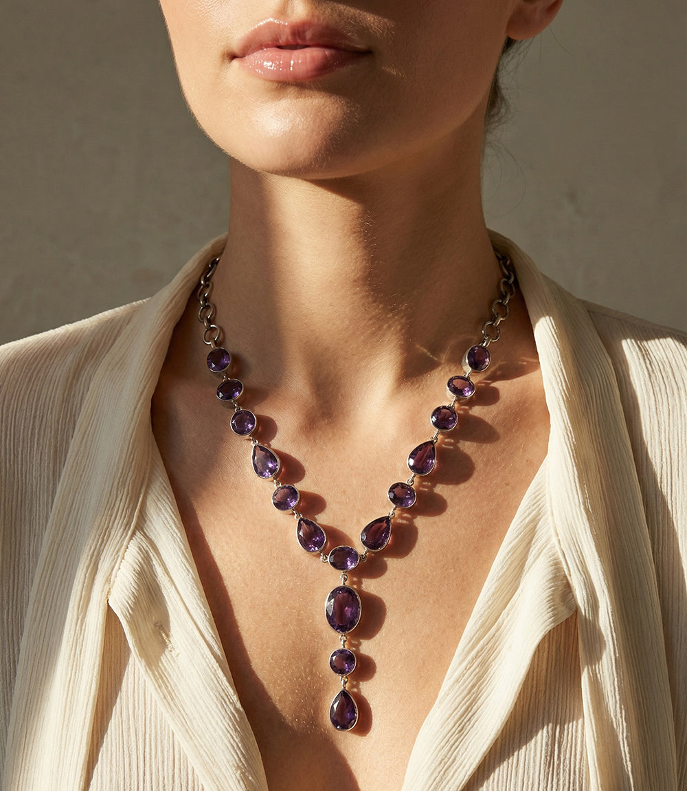 Sterling silver Amethyst Lariat Necklace with oval and teardrop gemstones in a cascading design