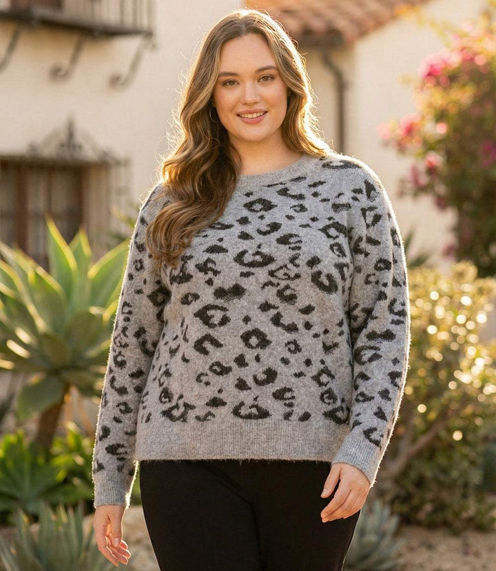 Plus size metallic gray leopard print crewneck sweater with relaxed fit and ribbed trim
