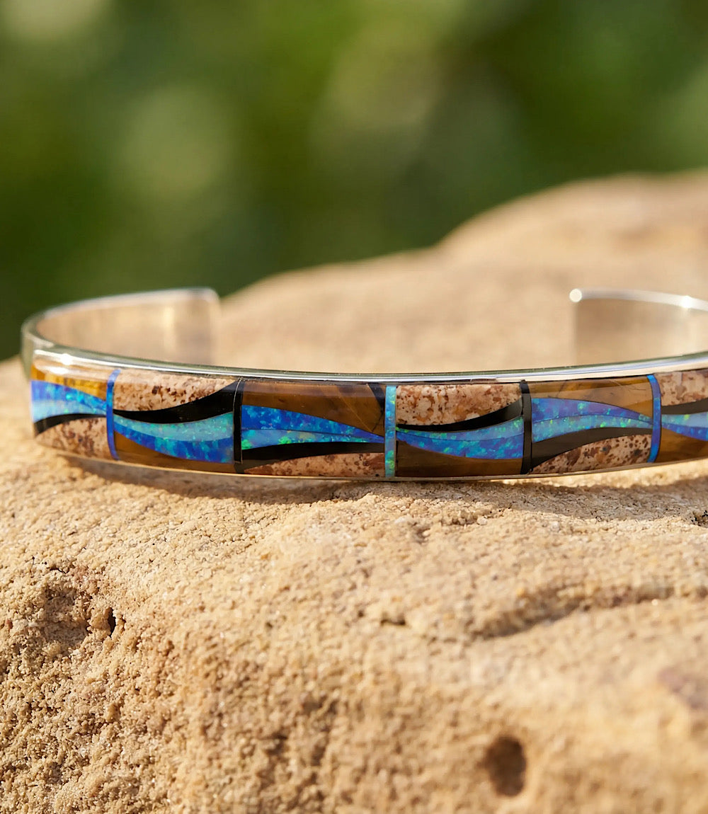 Sterling Silver Jasper And Lapis Wave Inlay Bracelet