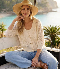Petite size puff sleeve crochet cardigan sweater with V-neck and button front
