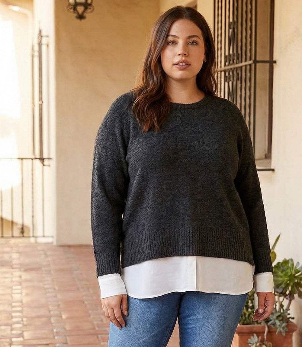 Plus size layered crewneck sweater with raglan sleeves and contrast shirttail hem