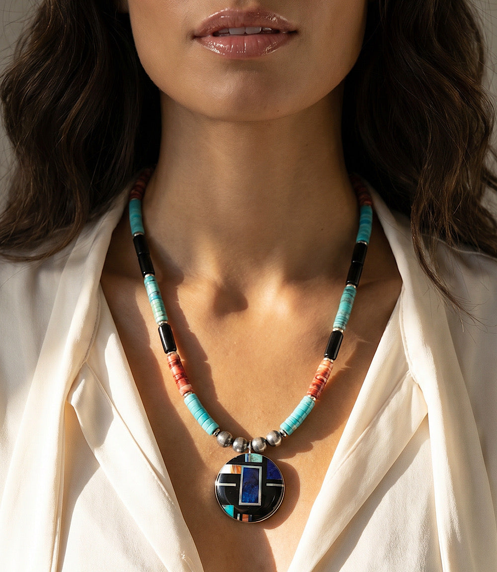Beaded Turquoise, Jet, And Spiny Oyster Shell Pendant Necklace